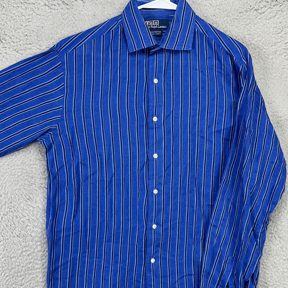Polo Ralph Lauren Mens 100% Linen Button Up Shirt Medium Blue Striped Westerton